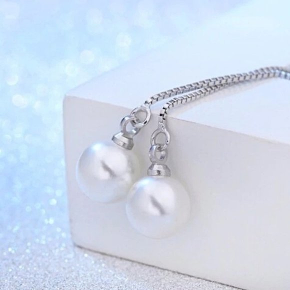 NEW 925 Sterling Silver Pearl Chain Earrings - Picture 6 of 8